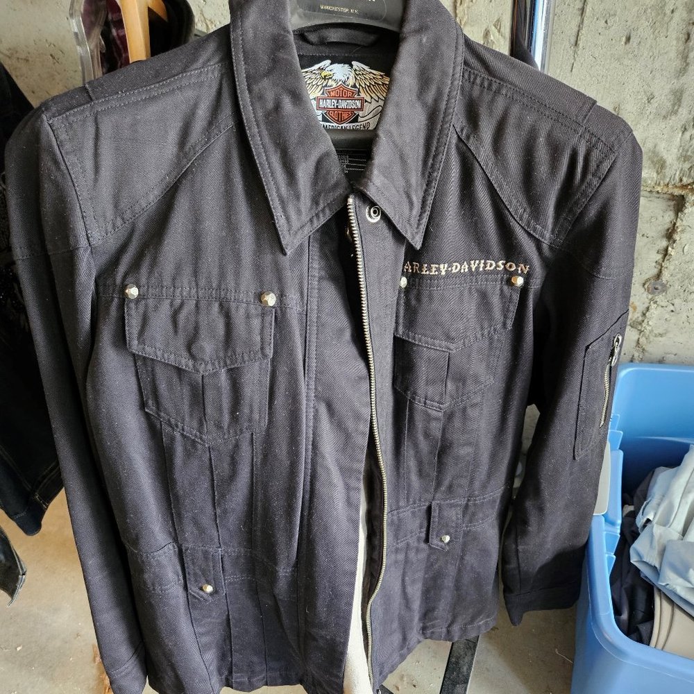 Harley Woman's Black Cotton Jacket with Collar with Beige Size L.